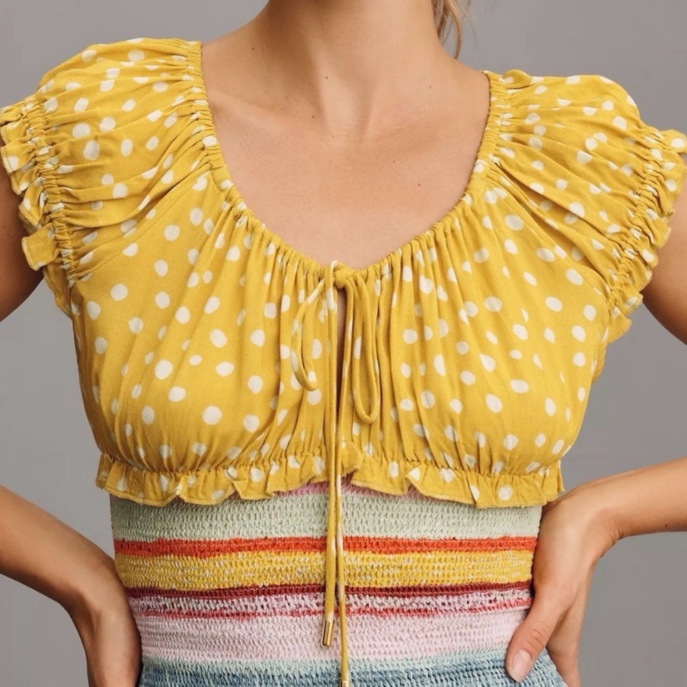 Anthropologie Yellow Polka Dot Short Sleeve Top